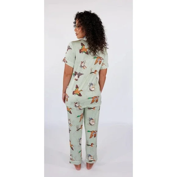 In My Sundays Fancy Fowl Pajama Set Women's Small Duck Sleepwear Green Button Up - Picture 2 of 11